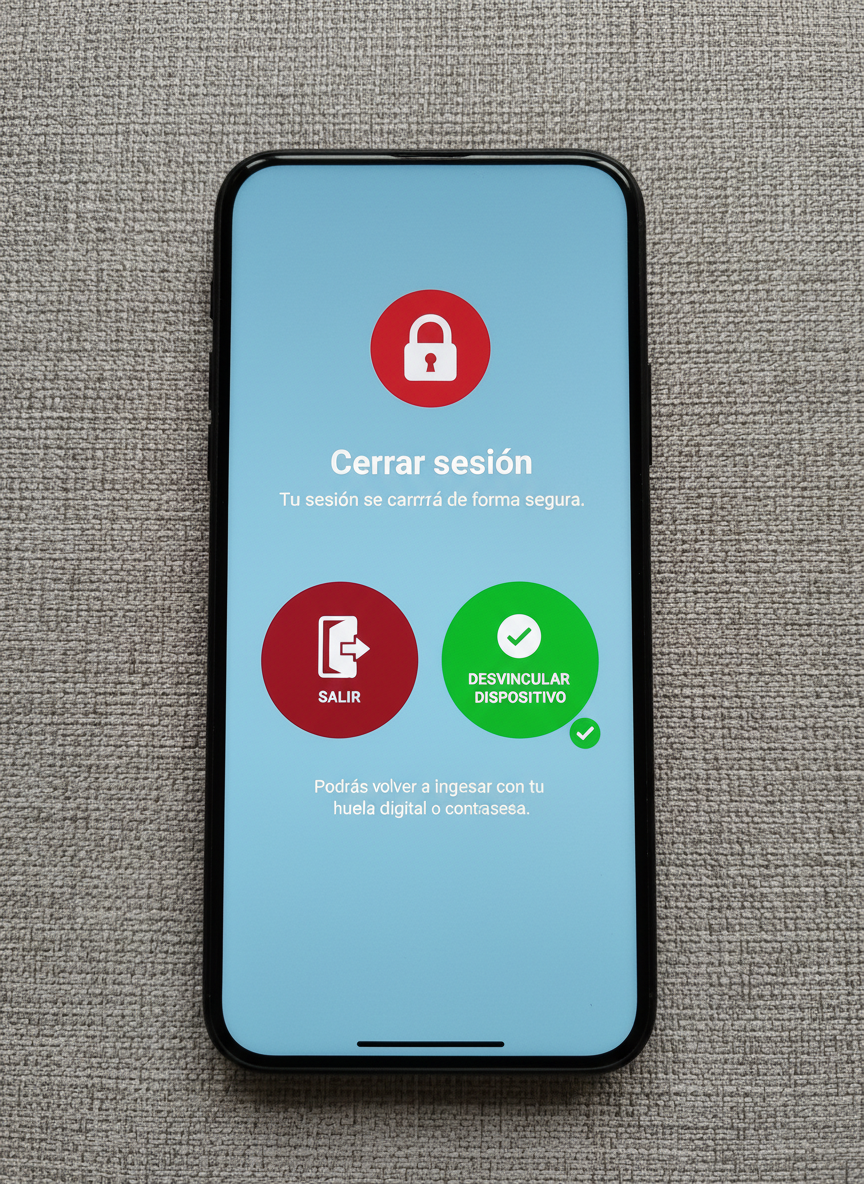 Close-up photographic view of a smartphone screen showing a secure Banorte Móvil logout confirmation interface, with clear icons for exiting and unlinking a device. The phone rests on a textured light gray fabric surface, suggesting a home environment without showing people. A red padlock icon and a green checkmark symbol stand out crisply on the screen, reinforcing security and successful completion. Soft overcast window light from above creates even illumination with minimal harsh shadows, highlighting the screen’s crisp typography. Shot straight down from a bird’s-eye view, the composition is centered and minimalist, conveying confidence, security, and ease of following digital banking instructions in a professional, realistic style.