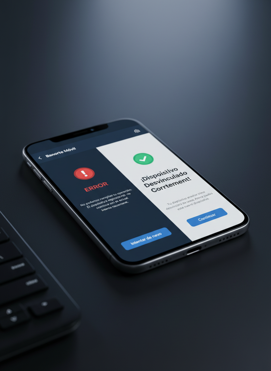 A split-screen style photographic composition on a single smartphone display: on the left side, a warning message showing an error in Banorte Móvil related to dispositivo registrado; on the right side, a resolved success screen confirming that the device has been desvinculado correctly. The phone is positioned on a dark matte desk, with a subtle gradient background created by soft studio lighting from the top, giving gentle reflections on the device edges. Minimal office elements like a blurred keyboard edge enter from the frame’s corner without drawing focus. Shot at a low, slightly diagonal angle to add dynamism, the mood is technical yet optimistic, highlighting before-and-after problem resolution in a clean, professional, hyper-realistic style.