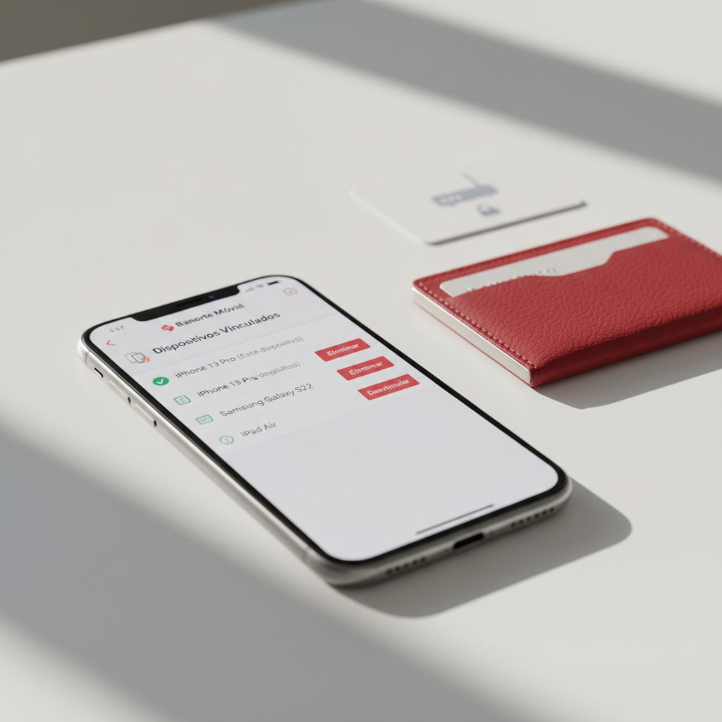 Photographic close-up of a smartphone on a white desk displaying Banorte Móvil’s security settings page, where multiple registered devices are listed with an option to eliminar or desvincular each one. Next to the phone lies a small red cardholder, subtly suggesting banking without using any logos directly. A faintly visible router and a locked padlock icon on a nearby minimalistic card hint at secure Wi-Fi and device safety. Soft, directional morning light from the left creates slender, defined shadows and a light gradient across the desk. Captured at eye level with a shallow depth of field, the focus remains razor-sharp on the device list. The mood is focused and technical, ideal for illustrating multi-device management and safe mobile banking practices.