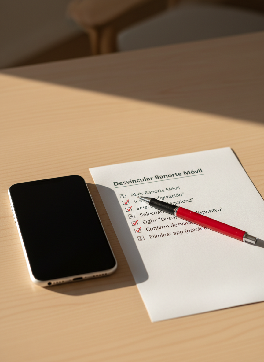 A detailed photographic scene of a smartphone placed next to a printed checklist showing steps to desvincular Banorte Móvil, each step marked with neatly drawn checkboxes. A red ballpoint pen lies diagonally across the paper, pointing toward the final completed step. The surface is a light wooden desk with visible grain, adding subtle texture. Natural afternoon light from the right side casts soft shadows from the pen and phone, creating depth without distraction. Captured from a slightly elevated angle using the rule of thirds, the phone and checklist dominate the frame while the background fades into a soft blur. The atmosphere is methodical, organized, and reassuring, emphasizing clear procedures and problem-solving.