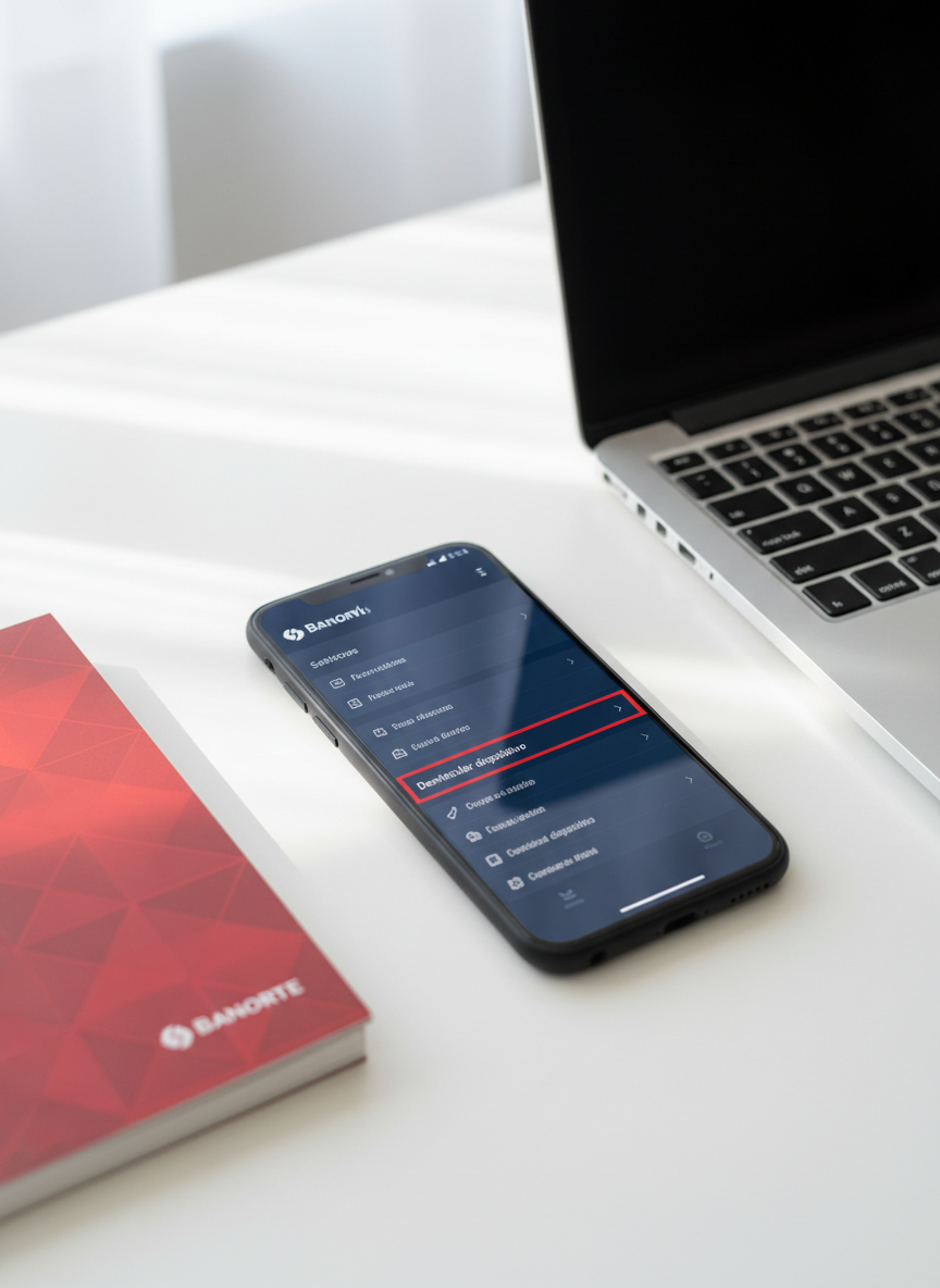 A modern black smartphone lying flat on a clean white desk, its screen displaying the Banorte Móvil app settings page with the “Desvincular dispositivo” option clearly highlighted in red. Around the phone, there is a slim silver laptop slightly out of focus and a neatly arranged red notebook that subtly echoes Banorte’s corporate colors. Soft, diffused daylight from an unseen window on the left creates gentle reflections on the glass screen and faint shadows on the desk surface. Photographed at a slightly elevated eye-level angle with shallow depth of field, the composition feels clean, professional, and trustworthy, emphasizing clarity of instructions and a calm, organized atmosphere in realistic photographic style.